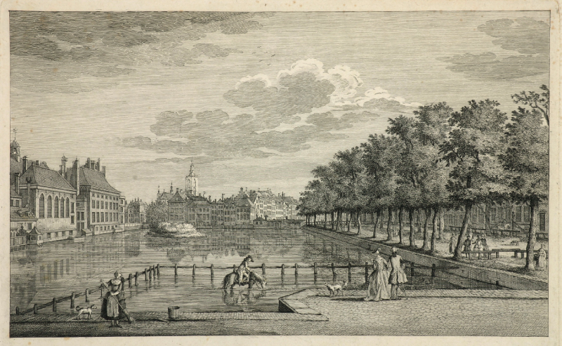 Gravure van de Hofvijver gemaakt rond 1765 door Paulus Constantijn La Fargue