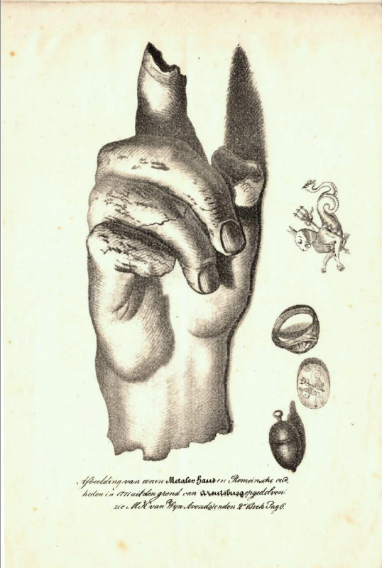 In 1771 zijn in Arendsburg diverse Romeinse schatten opgegraven. Op deze gravure een onder andere een metalen hand een zegelring en een Romeine munt
