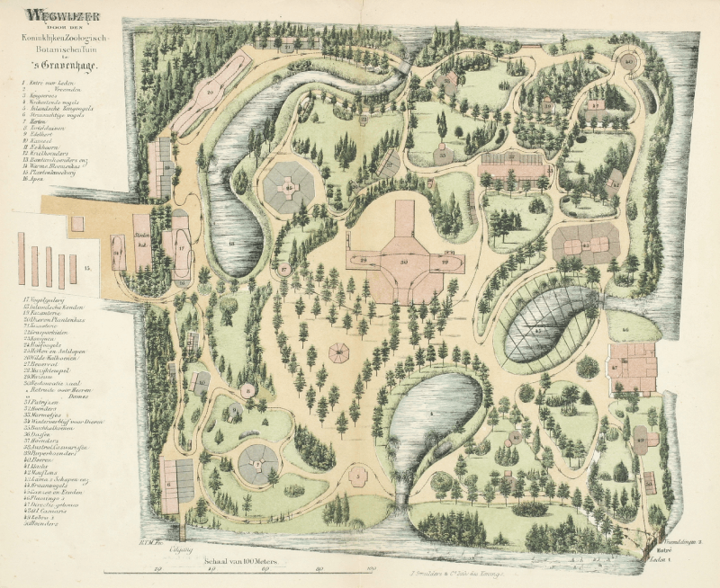 Plattegrond van de dierentuin aan de Benoordenhoutseweg, afkomstig uit het jaarverslag van de Koninklijke Zoölogische Botanische Tuin, april 1874. Uitgever J. Smulders & co. 