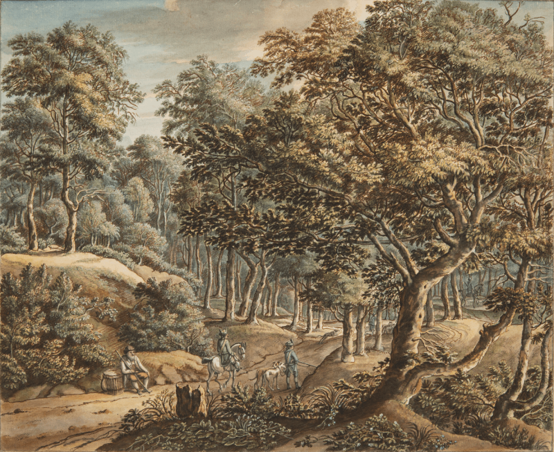  Jagers met honden in het Haagse Bos; links rust een man uit, gezeten naast een korf. Vervaardiger Jan de Beijer, 1750