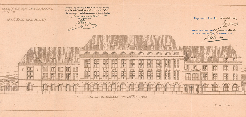 Bouwtekening vakschool voor meisjes, Louise Henriettestraat, 1911 Bouwtekening vakschool voor meisjes, Louise Henriettestraat, 1911
