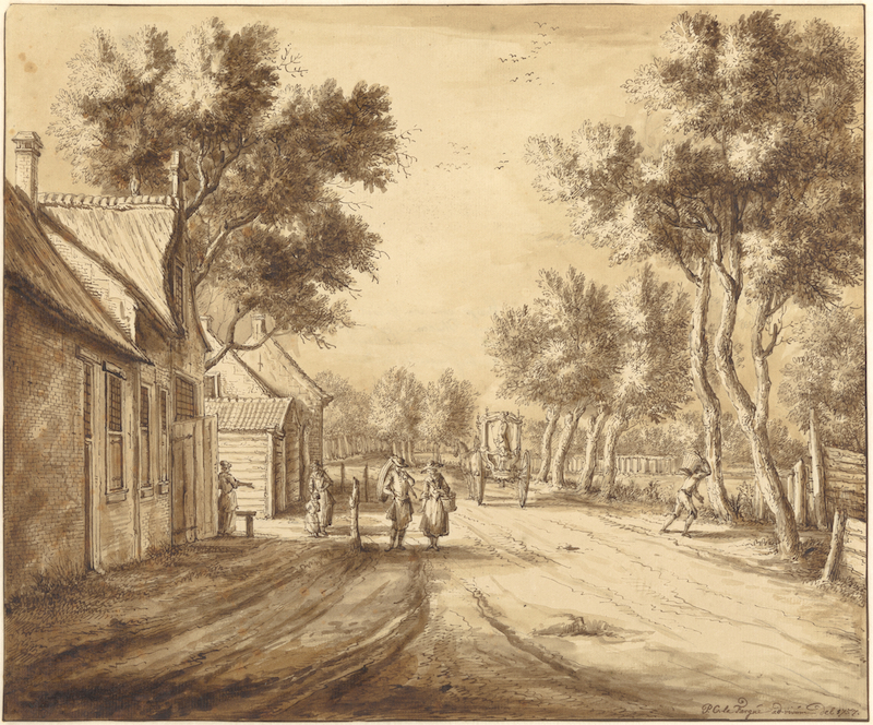 Links huizen met daarvoor twee vrouwen en een kind, daarnaast een vrouw met een mand en een man met een zeis. In het midden een koets met paarden met achterop een lakei en rechts een man met een mand op de rug. Op de achtergrond de doorgaande weg met bomen, prent door P.C. la Fargue, 1757