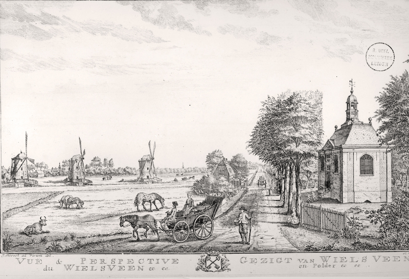 Gezigt van Wielsveen. Wilsveen gezien vanaf de hoek Kostverlorenweg/Wilsveenseweg. Links de drie molens van de Driemanspolder in het midden het schoolhuis en rechts de kapel van Wilsveen, voor 1900. Gravure van J. Besoet