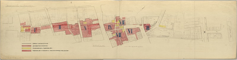 Plattegrond met te onteigenen panden voor aanleg Grote Marktstraat, ca. 1920. Maker: Dienst Gemeentewerken