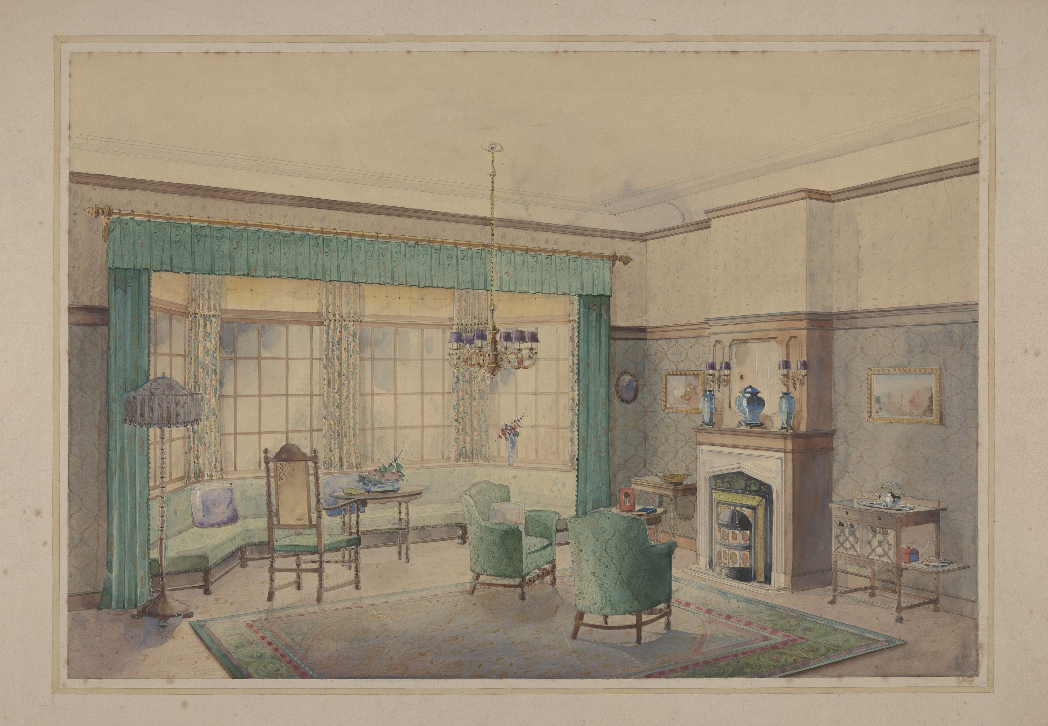 Gedetailleerde ontwerptekening woonkamer van meubelfabriek Pander. 1930