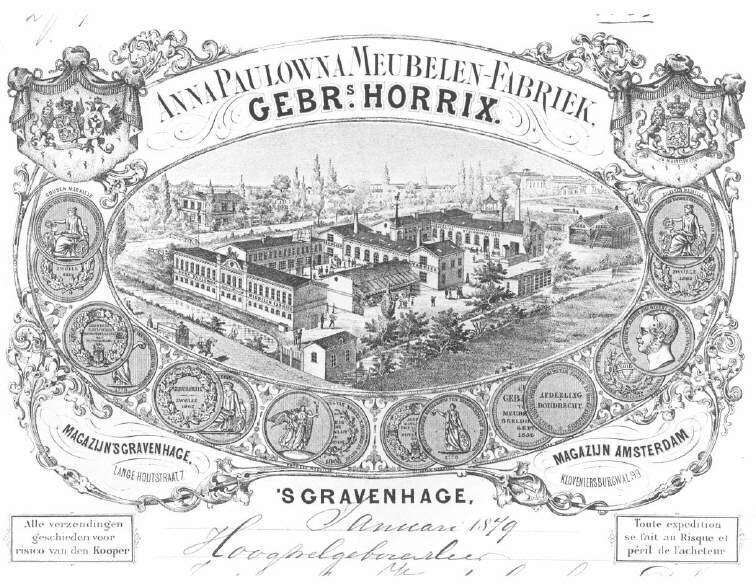 Prent meubelfabriek Horrix uit 1879