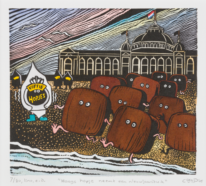 Haagse hopjes nemen een nieuwjaarsduik. Prent door Coccie van Duin, 2005
