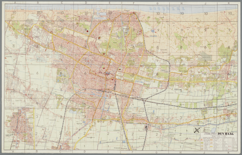 Plattegrond van s Gravenhage uit 1949. Met linksonder een inzetkaart van Delft. Vervaardiger Falkplan B.V