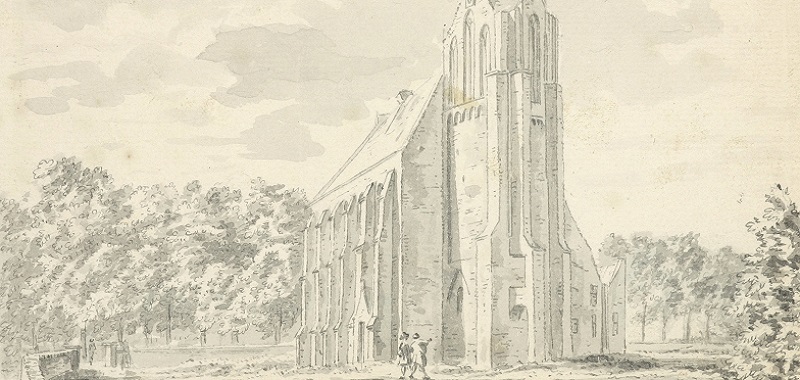 Abdijkerk Loosduinen, penseeltekening 1728, maker Abraham de Haen jr.