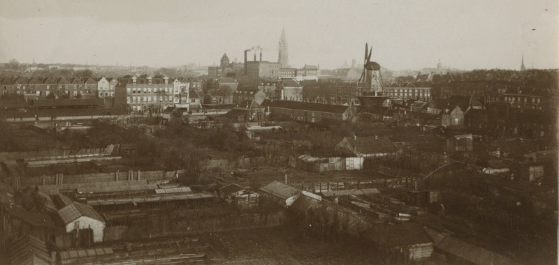 Perspectieffoto Regentessekwartier (de Haasmolen, bij de Westermolens, de ZHB-brouwerij en de Haagse toren. Op de voorgrond tuinderijen aan de Noord-West-Buitensingel, ca. 1905.