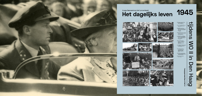 1945, Intocht van koningin Wilhelmina. In de auto ook haar adjudant, kapitein-vlieger E. Hazelhoff Roelfzema | Fotograaf: S. Oppelaar 1945, Intocht van koningin Wilhelmina. In de auto ook haar adjudant, kapitein-vlieger E. Hazelhoff Roelfzema | Fotograaf: S. Oppelaar
