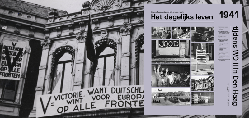 1941 Spandoek van de V-actie op het paleis Kneuterdijk 1941 Spandoek van de V-actie op het paleis Kneuterdijk