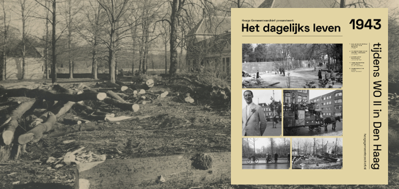 1943, Zorgvliet, gekapte bomen bij het Catshuis. Rechts de voorgevel van het Catshuis, links het koetshuis 1943, Zorgvliet, gekapte bomen bij het Catshuis. Rechts de voorgevel van het Catshuis, links het koetshuis