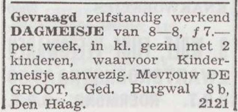 krantenknipsel advertentie voor een dagmeisje 